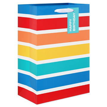 American Greetings Rainbow Stripes Medium Birthday Gift Bag with Hang Tag