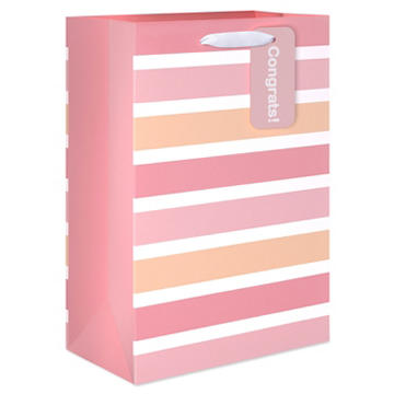 American Greetings Pink Stripes Baby Shower Medium Gift Bag with Hang Tag