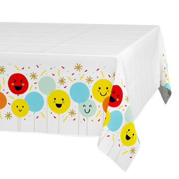 American Greetings White with Smiley Face Balloon Plastic Table Cover