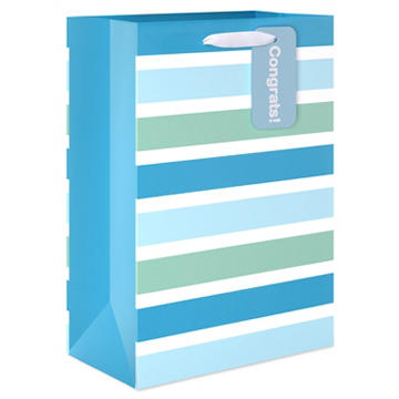 American Greetings Blue Stripes Baby Shower Medium Gift Bag with Hang Tag