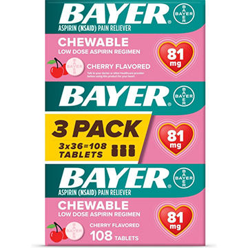 Bayer Aspirin Low Dosage 81 mg Pain Relief Chewable Tablets - Cherry, 3 pk