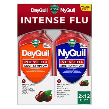 Vicks DayQuil & NyQuil Intense Flu Liquid, Over-the-Counter Medicine, Multi-Symptom Powerful Daytime & Nighttime 6 Hour Relief, Combo Pack, Cherry Flavor