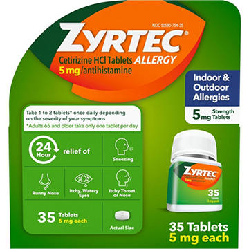 Zyrtec Indoor & Outdoor Allergy Relief 5 mg Antihistamine Tablets