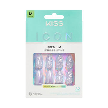 KISS ICON Premium Dazzling & Jeweled Nails - Remarkable (Pink Almond Medium Nails)