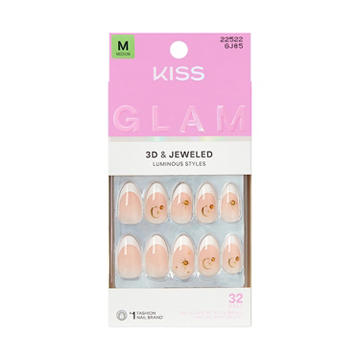 KISS GLAM 3D & Jeweled Nails - Zephyr (White & Gold Almond Medium Nails)