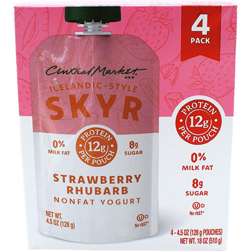 Central Market 12g Protein Skyr Nonfat Yogurt Pouch - Strawberry Rhubarb, 4 ct