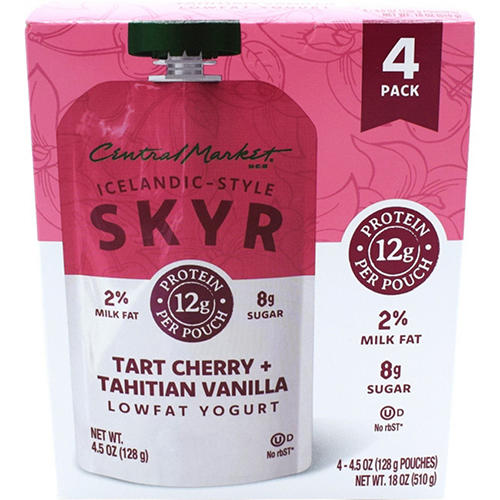 Central Market 12g Protein Skyr Lowfat Yogurt Pouch - Tart Cherry & Tahitian Vanilla, 4 ct