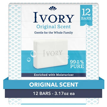 Ivory Gentle Bar Soap, Designed for Whole Family, 99.44% Pure Formula, Plant-Based Cleansers, Original Scent, 3.17 oz (12 Count)