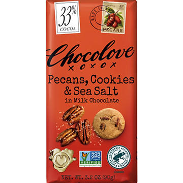 Chocolove Pecans Cookies & Sea Salt 33% Cacao Milk Chocolate Bar