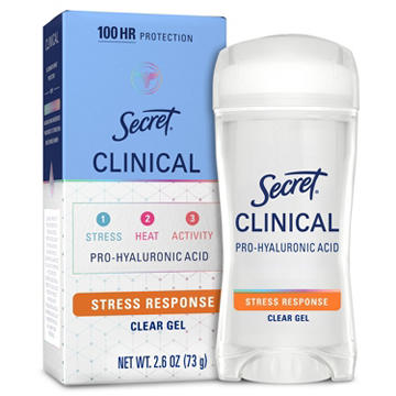 Secret Clinical Strength 100HR Pro-Hyaluronic Acid Antiperspirant & Deodorant for Women, Clear Gel, Stress Response, 2.6oz