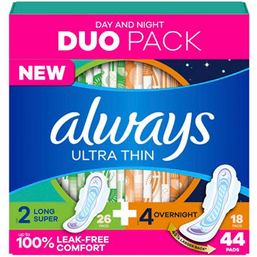 Always Ultra Thin Pads Duo Pack, Feminine Pads with Wings for Women, Size 2 Long Super and 4 Overnight Absorbency, Unscented, 44 CT