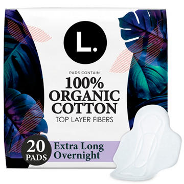 L. Ultra Thin Pads for Women, Organic Cotton Top Layer, Extra Long Overnight Absorbency, Menstrual Pads with Wings, 20 CT