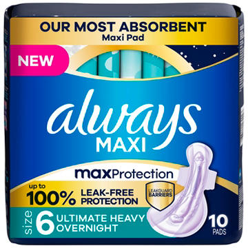 Always Maxi Overnight Pads with Wings for Women, Size 6, Ultimate Heavy Overnight Absorbency, Unscented, 10 Count