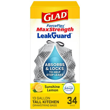 Glad ForceFlex Leak Guard Drawstring Trash Bag, 13 Gallon - Sunshine Lemon