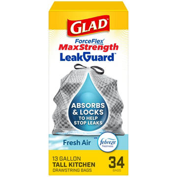 Glad ForceFlex Leak Guard Drawstring Trash Bag, 13 Gallon - Fresh Air
