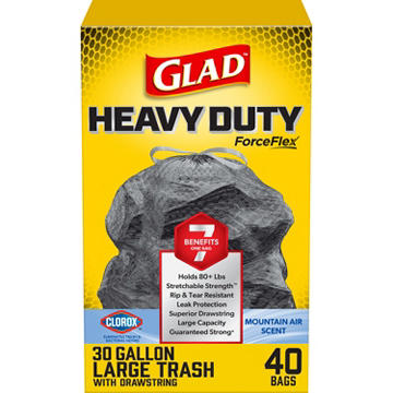 Glad ForceFlex Heavy Duty Trash Bags With Clorox, Mountain Air Scent, 30 Gallon, 40 Count