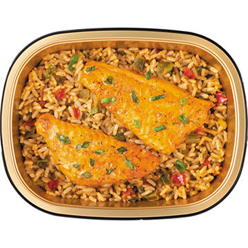 Bayou Boil House by H-E-B Blackened Catfish Strips Over Dirty Rice