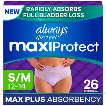 Always Discreet MaxiProtect, Reimagined Adult Diapers for Women, Maximum Plus Incontinence Underwear S/M