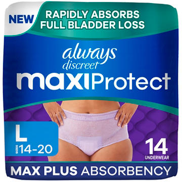 Always Discreet MaxiProtect, Reimagined Adult Diapers for Women, Maximum Plus Incontinence Underwear L