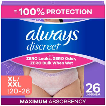 Always Discreet, Reimagined Adult Diapers for Women, Maximum Incontinence and Postpartum Underwear XL/XXL, 26 CT