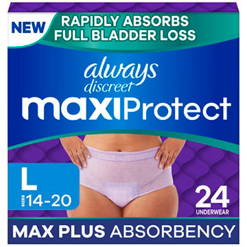 Always Discreet MaxiProtect, Reimagined Adult Diapers for Women, Maximum Plus Incontinence Underwear L