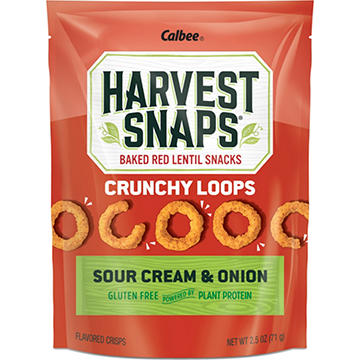 Calbee Harvest Snaps Crunchy Loops Sour Cream & Onion Baked Red Lentil Snack Crisps