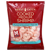 Great Catch Frozen Peeled Deveined Tail-Off Medium Cooked Shrimp, 71 - 90 ct/lb, 1 lb