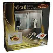 Yoshi Disposable Square Plates with Plastic Knives, Forks & Spoons Combo Set
