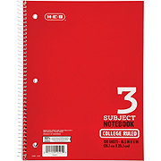 H-E-B 3 Subject College Ruled Spiral Notebook - Red