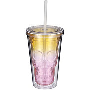 Destination Holiday Halloween Skull Tumbler with lid & Straw - Ombre Orange Pink