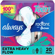 Always Radiant Teen Pads, Size 3, Extra Heavy, with Wings, Unscented, 20 CT