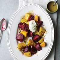 Roasted Beets with Whipped Goat Cheese Pistachio Vinaigrette