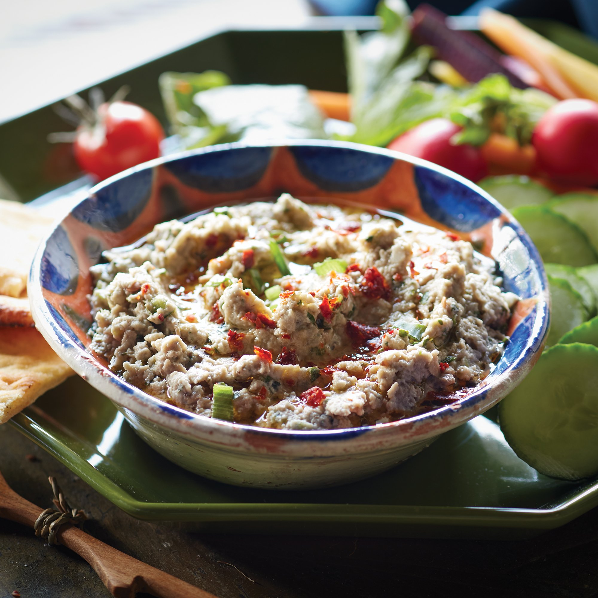 Baba ghanoush or Abagannuc; burnt eggplant salad with lemon, olive oil